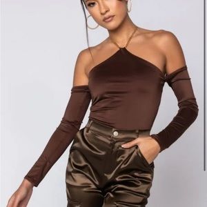 NEW AKIRA CHOCOLATE HALTER NECK CHAIN DETAIL LONG SLEEVE BODYSUIT, S